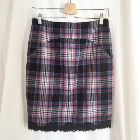 Tibi Lace Trim Red Blue Black & White Check Plaid Wool Pencil Skirt Size 4 - Picture 10 of 15